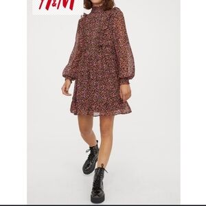 H&M autumn floral long sleeve high neck mini dress size Xsmall